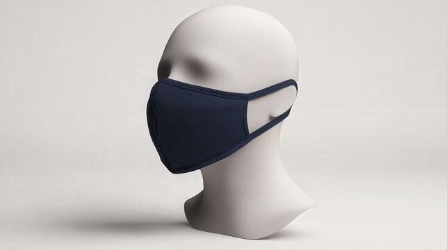 Elegant Navy Blue Fabric Face Mask on Transparent Mannequin at 45-Degree Angle in High-Resolution Studio Shot