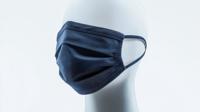 Stylish Navy Blue Fabric Face Mask Displayed on Mannequin in Studio Setting