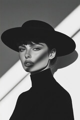 Fashion magazine concept. Portrait of beautiful female model wearing designer clothing, hat and looking at camera on gray background. Haute couture style. Retro, vintage. Monochrome studio shot