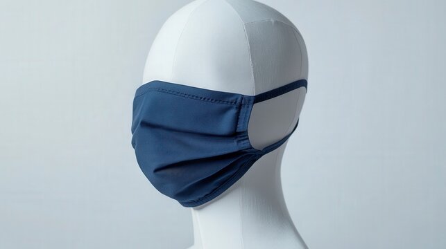 High-Quality Navy Blue Fabric Face Mask on Transparent Mannequin at 45-Degree Angle in White Studio Background - Professional Product Photography with Lyca Camera Detailing