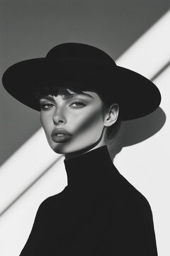 Fashion magazine concept. Portrait of beautiful female model wearing designer clothing, hat and looking at camera on gray background. Haute couture style. Retro, vintage. Monochrome studio shot