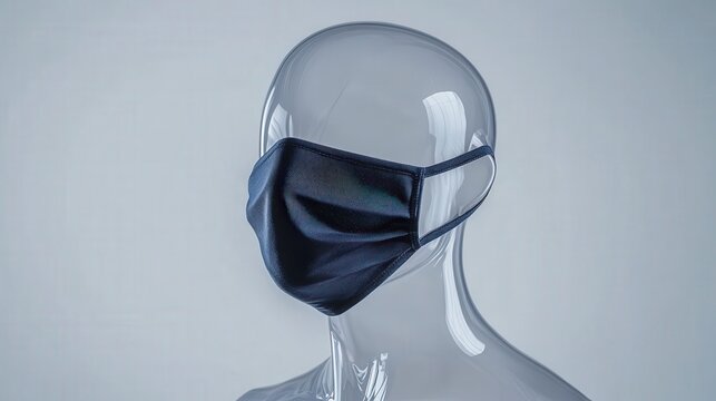 Professional Navy Blue Fabric Face Mask on Transparent Mannequin in Clean White Studio Background Captured with Lyca Camera