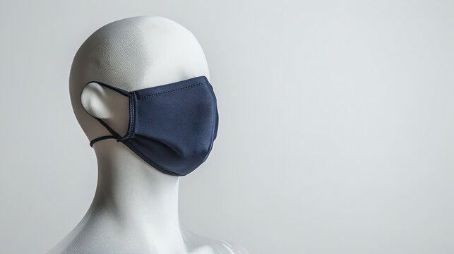 Stylish Navy Blue Fabric Face Mask on Transparent Mannequin in Studio Setting Captured with Lyca Camera at 45-Degree Angle