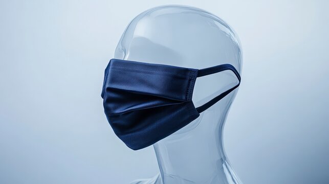 High-Quality Studio Shot of Navy Blue Fabric Face Mask on Transparent Mannequin | Detailed Design Showcase on White Background
