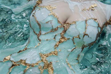 Closeup of cracked and marbled turquoise stone with golden veins