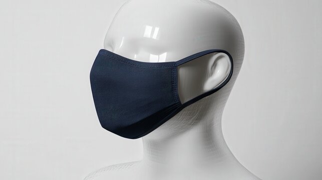 Elegant Navy Blue Fabric Face Mask Displayed on Transparent Mannequin at 45-Degree Angle in Studio Setting