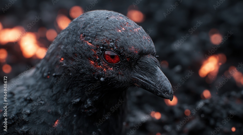 Poster Close-up of a dark raven with fiery red eyes