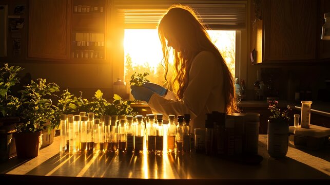 A woman conducts an experiment in a sunset-lit kitchen surrounded by glass vials and plants, embodying creativity and science.