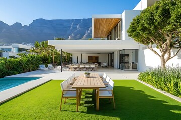 Obraz premium Dining area next to modern house and swimming pool.