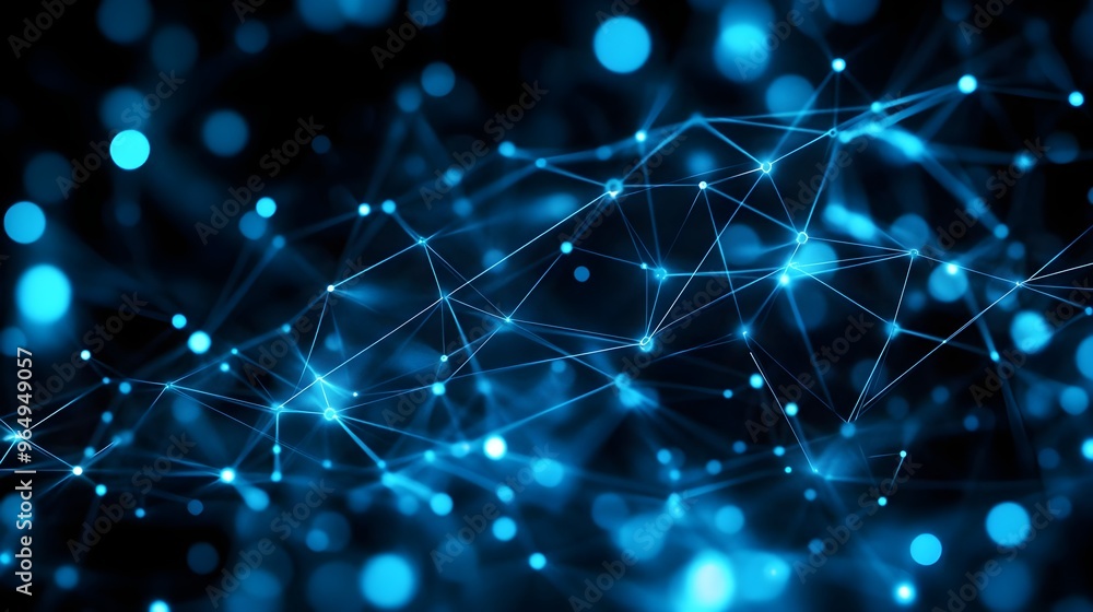 Poster abstract blue background with glowing dots and connected lines, representing technology and digital 