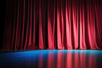 Closed curtain of stage with spotlight before show. Art performance background , ai