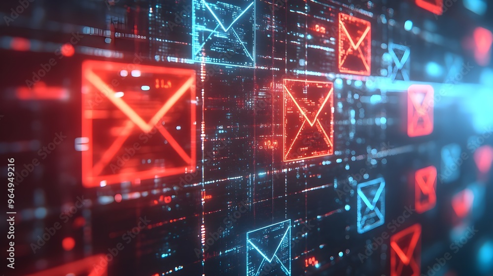 Aufkleber abstract digital background featuring glowing email icons in red and blue, representing modern commu