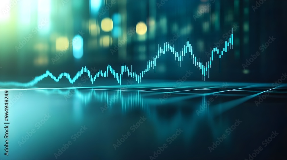 Poster abstract digital chart displaying financial growth with glowing lines against a modern city backdrop