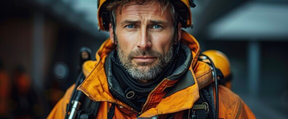 Fototapeta premium A man in a yellow jacket with a helmet on his head
