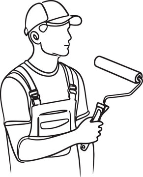recommend clip art: Minimalist Line Drawing of Young Handyman in Construction Uniform Holding Paint Roller – Vector Illustration