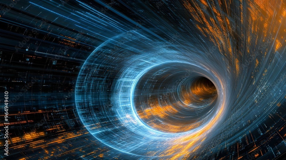 Poster abstract representation of a dynamic vortex, showcasing vibrant colors and light trails, illustratin
