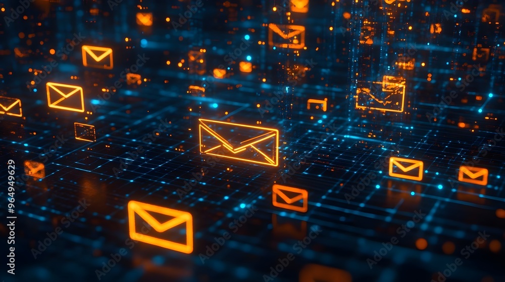 Poster abstract representation of digital communication with glowing email icons against a futuristic backg