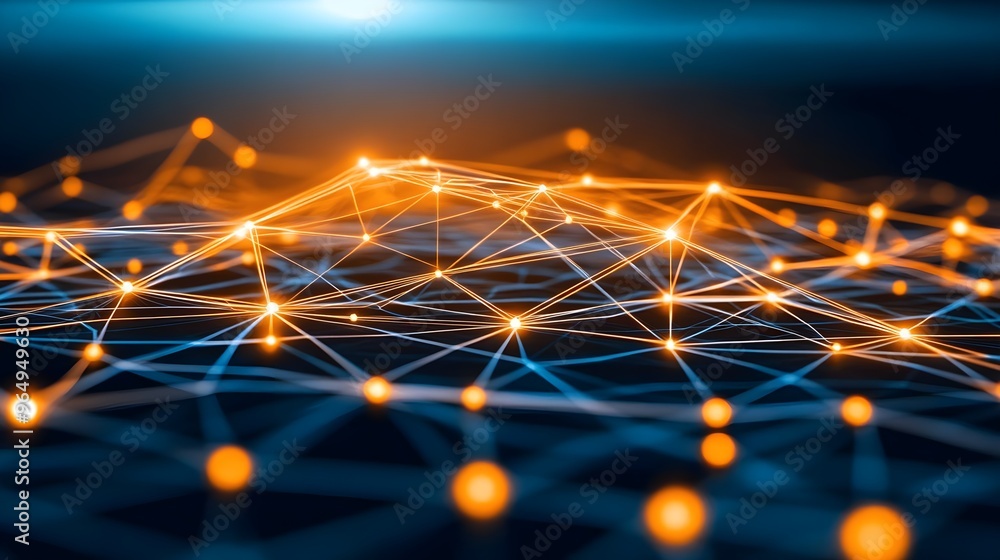 Poster abstract representation of interconnected nodes and lines, symbolizing technology, networking, and d