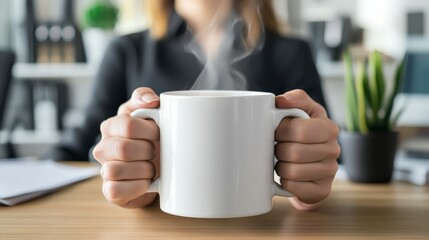 Professional Office Break: Person Holding Steaming Coffee Mug in Workspace Ambiance