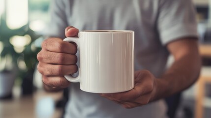 Professional Break: Person Holding 11oz Coffee Mug in Office Environment