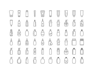 Collection vector icons of beauty, cosmetics and care. Bottle, jar, shower gel, face cream, body lotion, spray, ointment, paste.