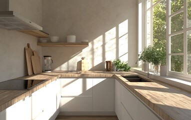 Minimalist Kitchen with Wooden Countertops, White Cabinets, and Large Window Providing Soft Daylight