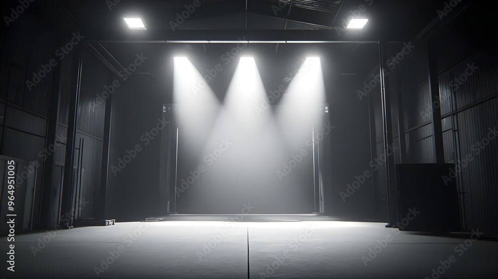 Poster an empty stage illuminated by bright lights, creating a dramatic atmosphere for performances or even