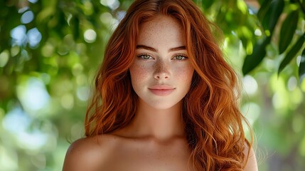 Fototapeta premium A young woman with red hair and freckles radiates natural beauty in a green setting.