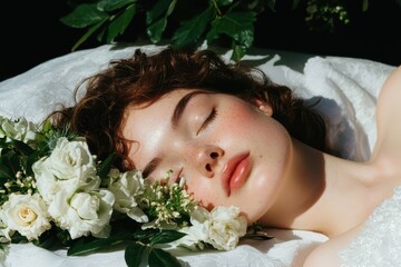 Peaceful woman sleeping on flowers