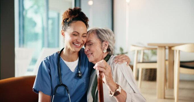 Senior woman, nurse and hug in home for support, wellness and empathy as person with disability. Elderly care, caregiver and walking assistance in house for rehabilitation, osteoporosis and kindness