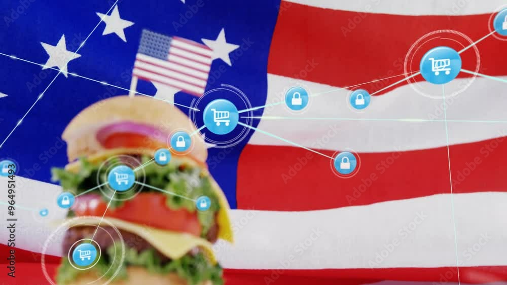 Poster animation of network of connections with icons and flag of usa over hamburger