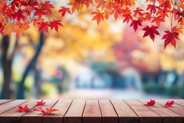 Empty wood table top and blurred autumn tree and red leaf background - can used for display or montage your products , ai