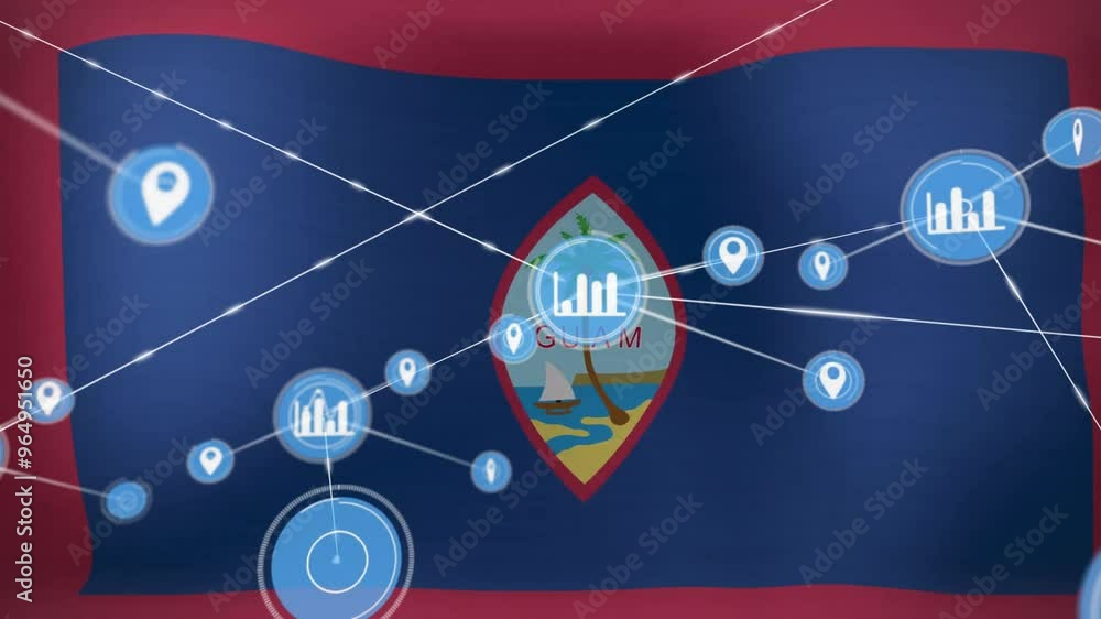 Poster animation of network of connections with icons and flag of guam