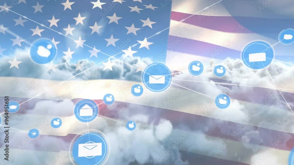 Poster animation of network of connections with icons and flag of usa over clouds