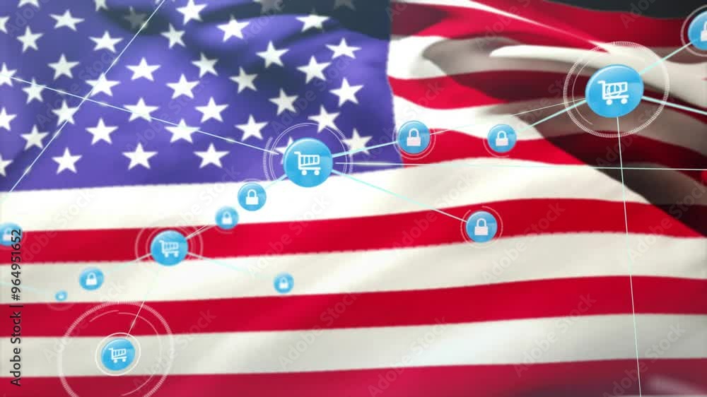 Poster animation of network of connections with icons and flag of usa