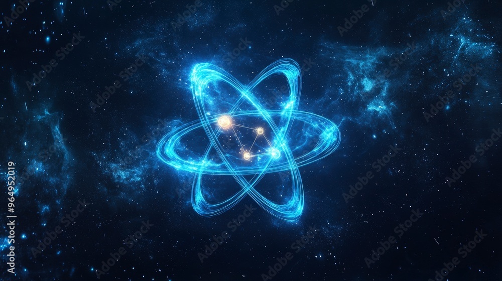 Poster illuminating discovery: glowing atom symbol with orbiting electrons in a celestial setting of innova