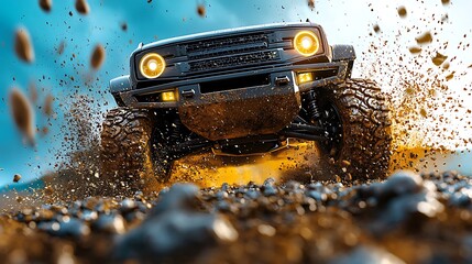 Fototapeta premium An SUV powers through mud and rocks, embracing the thrill of off-road terrain.