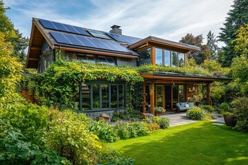 Fototapeta premium eco-friendly home with solar panels on the roof, a lush green garden with native plants, and large windows for natural light , ai