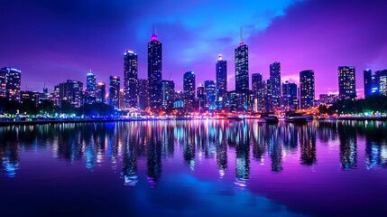 Fototapeta premium A city skyline sparkles in the night, mirrored perfectly in the calm waters below.