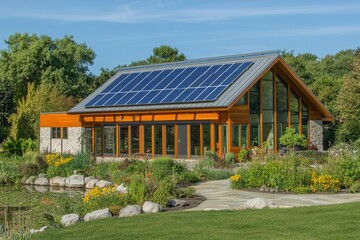 Obraz premium eco-friendly home with solar panels on the roof, a lush green garden with native plants, and large windows for natural light , ai