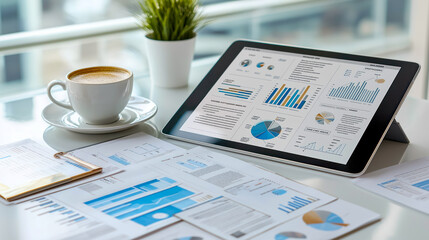 A tablet and a cup of coffee on a desk surrounded by office supplies like a notebook, phone, and newspaper, representing a digital workspace with morning coffee.