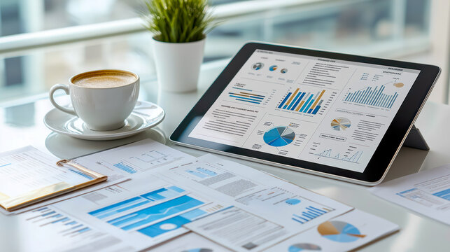 A tablet and a cup of coffee on a desk surrounded by office supplies like a notebook, phone, and newspaper, representing a digital workspace with morning coffee.