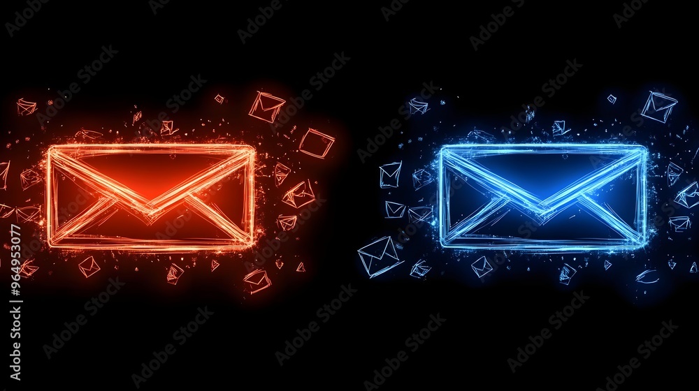 Poster dynamic digital envelopes in red and blue representing email communication and messaging in a vibran