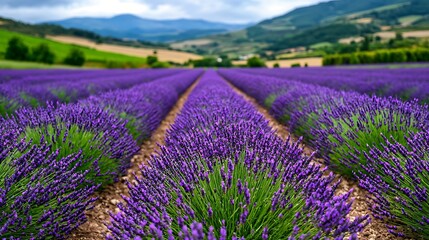 Obraz premium Lavender fields stretch towards mountains, blending fragrant blooms with rugged peaks.