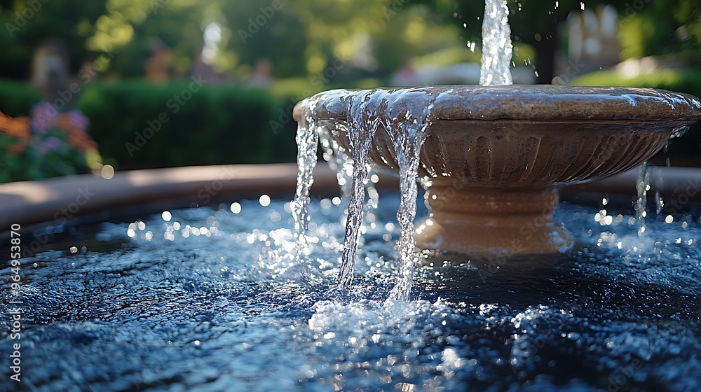 Aufkleber close-up of a water fountain with water cascading down into the basin, creating a refreshing and cal