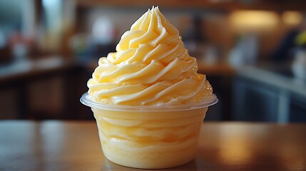 A close-up of a cup of pineapple soft serve ice cream.