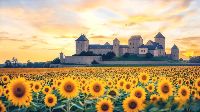 Majestic castle silhouetted against a vibrant sunset sky, with a vast field of bright yellow sunflowers in the foreground, creating a picturesque scene that combines natural beauty with historical gra