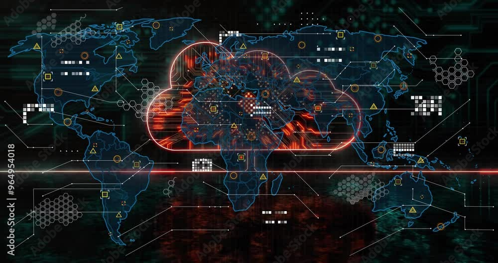 Poster animation of network of connections over world map and cloud