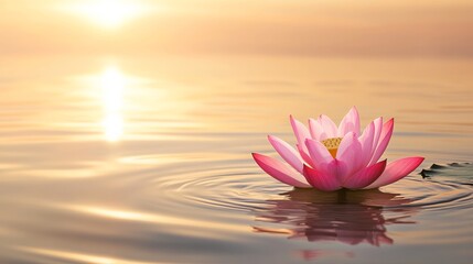 Pink lotus flower on tranquil water at sunset, serene nature concept