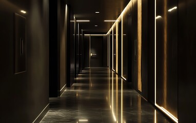 Intensive Contemporary Hallway with Dark Walls, Sharp Lines, and Innovative Lighting